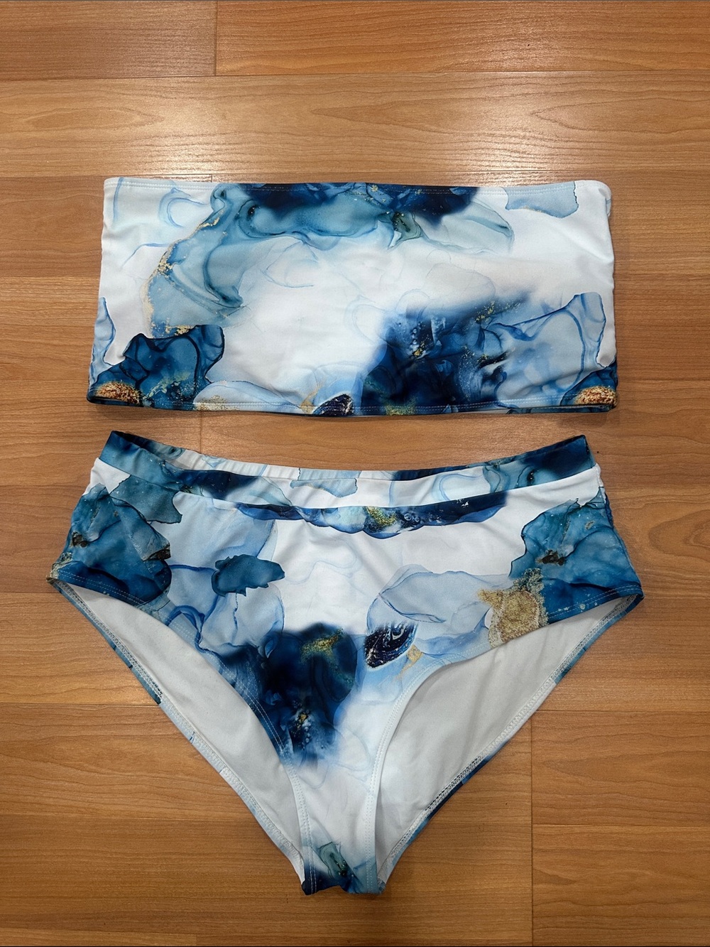 SHEIN Blue Marble Bandeau Bikini Set with Gold Accents